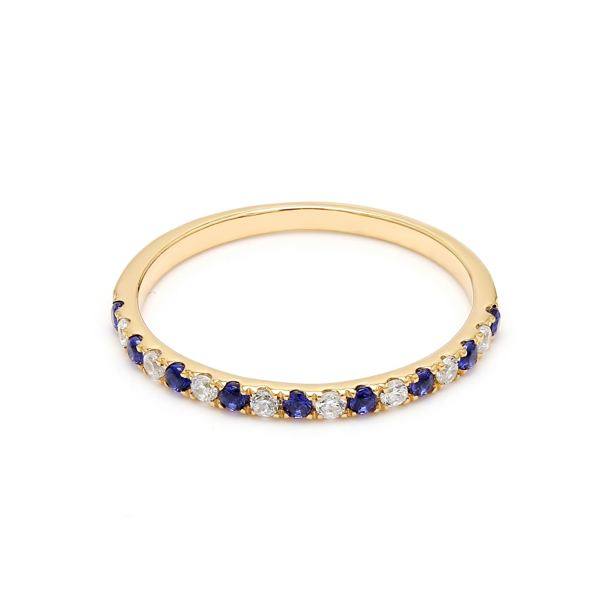 14K Yellow Gold Diamond With Blue Sapphire Stone Stackable Ring