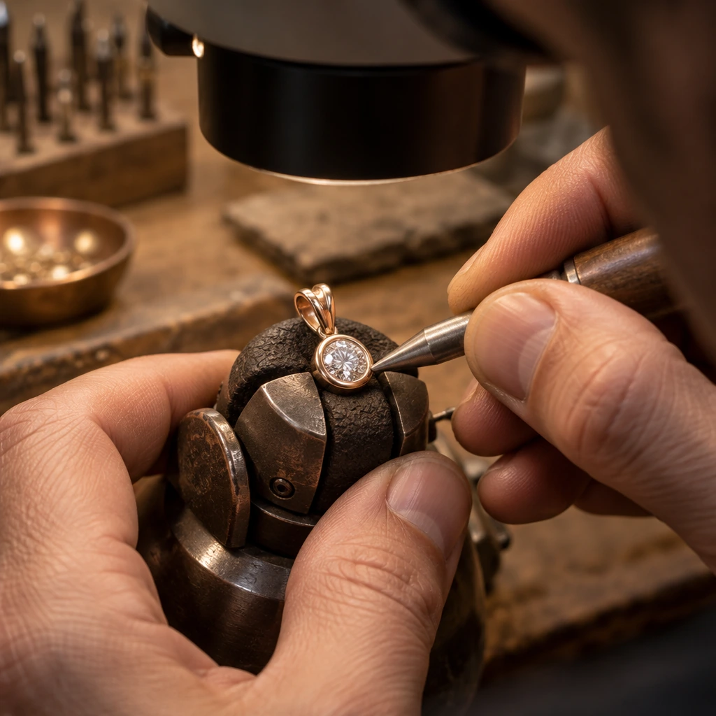 A setter closing a rose gold bezel around a diamond under the microscope