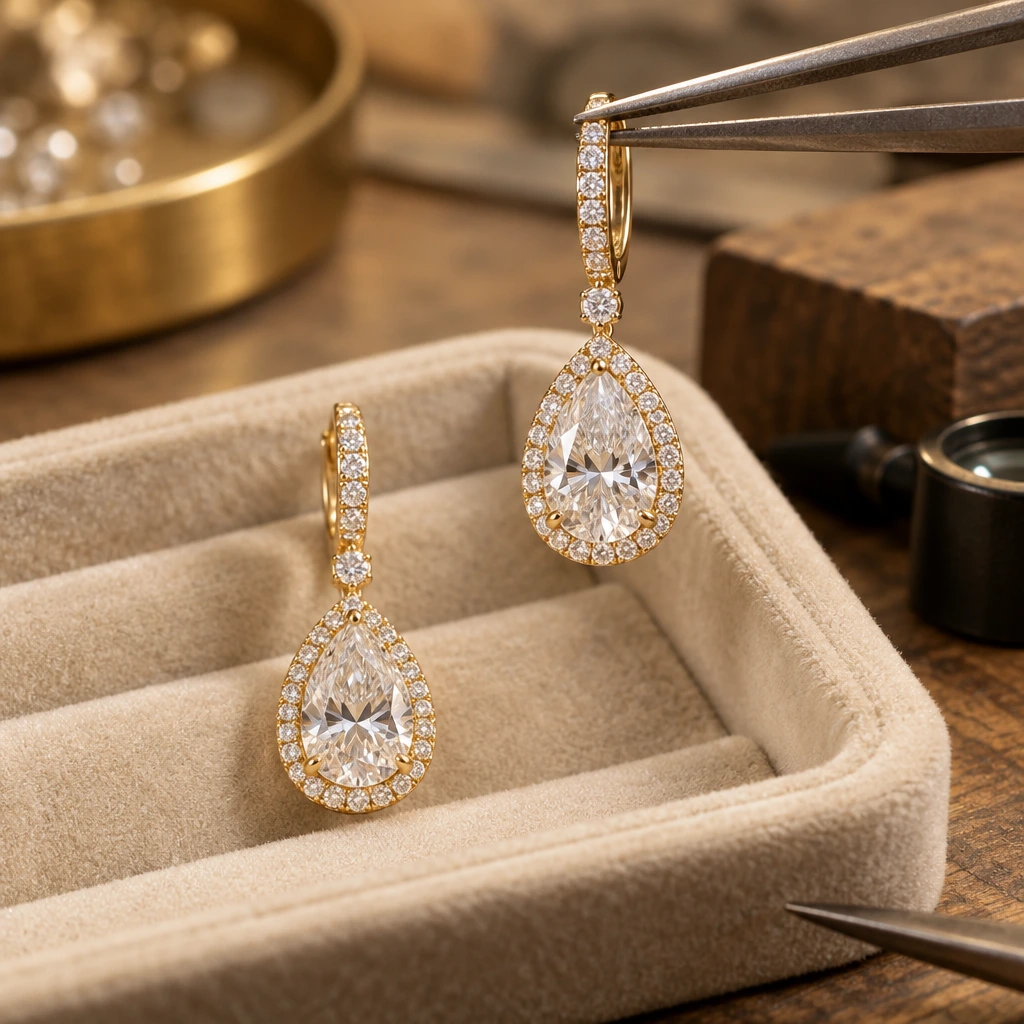 Pear-shaped diamond halo drop earrings in yellow gold held in tweezers