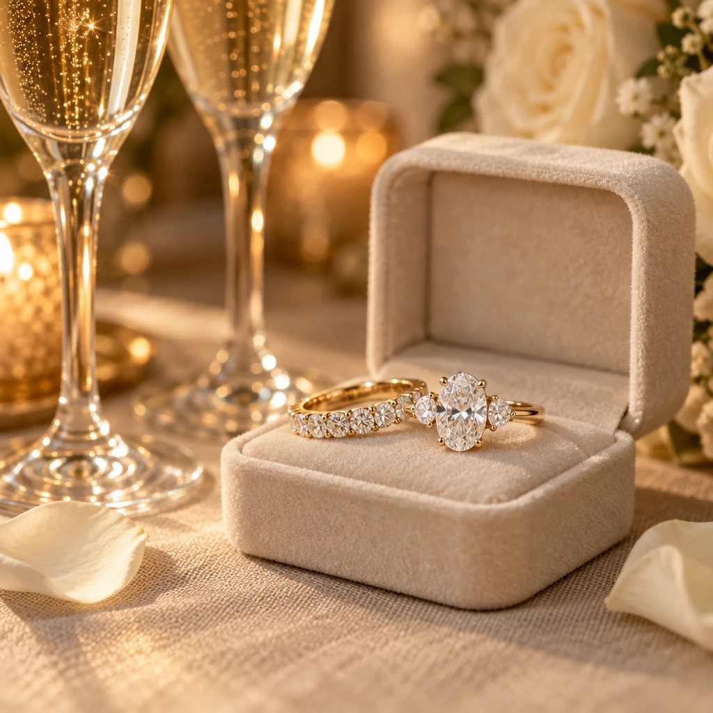 A diamond eternity band and a three-stone ring in yellow gold beside champagne glasses