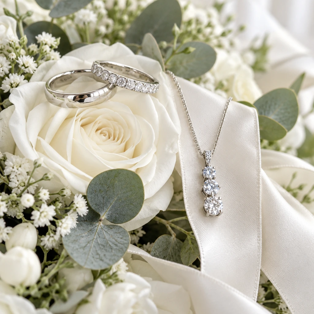 Wedding bands and a three-stone diamond pendant resting on a white rose bouquet